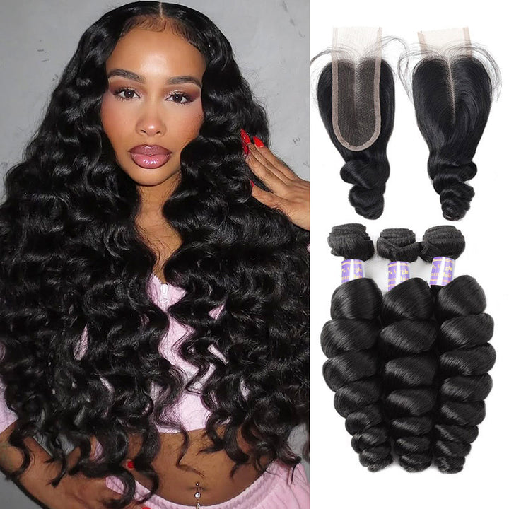 Brazilian Loose Wave Virgin Human Hair 3 Bundles With 2x6 Lace Closure Deep Parting - AlloveHair