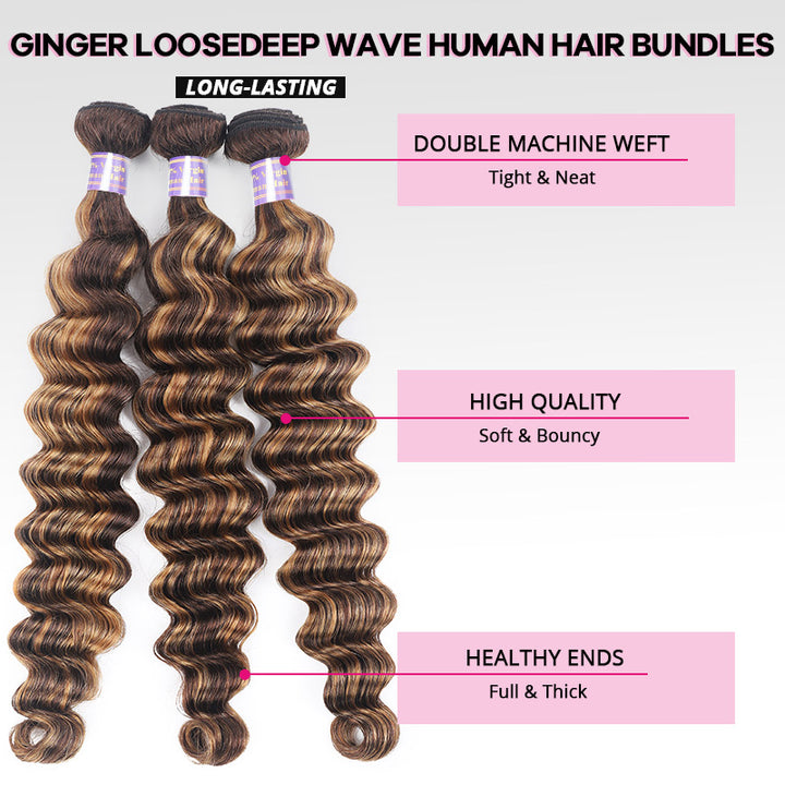 P4 27 Highlight Loose Deep Wave Hair Bundles with 2x6 HD Lace Closure 100% Ombre Human Hair
