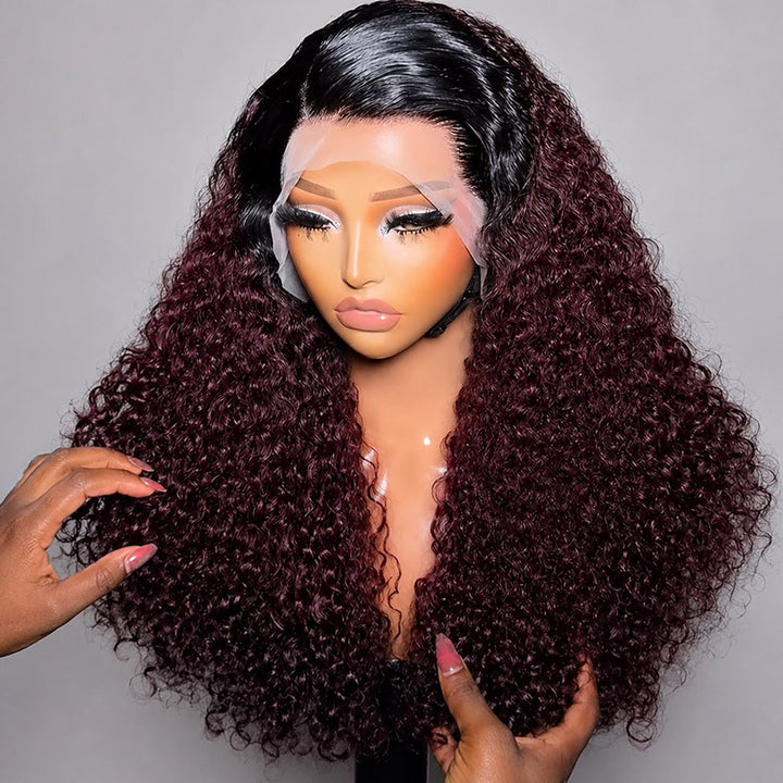 200% Density Ombre 99J Burgundy Curly Wigs Super Double Drawn Virgin Human Hair HD Lace Wigs Salon Quality