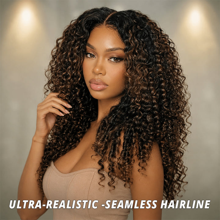250% Density Black to Chestnut Brown Ombre Burmese Curly Glueless Wig With Finger Coil Ends All Day Comfort 100% Human Hair Wig