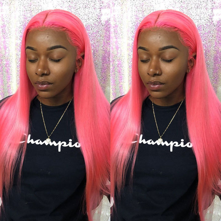 13x4 Bone Straight Lace Front Wig Human Hair Pre-plucked Pink Green Yellow Blue Red Frontal Wig