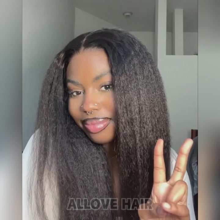 Kinky Straight 13x4 HD Transparent Lace Frontal Wig Pre-Plucked Yaki Human Hair Glueless Wigs