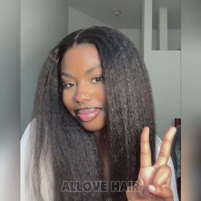 Kinky Straight 13x4 HD Transparent Lace Frontal Wig Pre-Plucked Yaki Human Hair Glueless Wigs