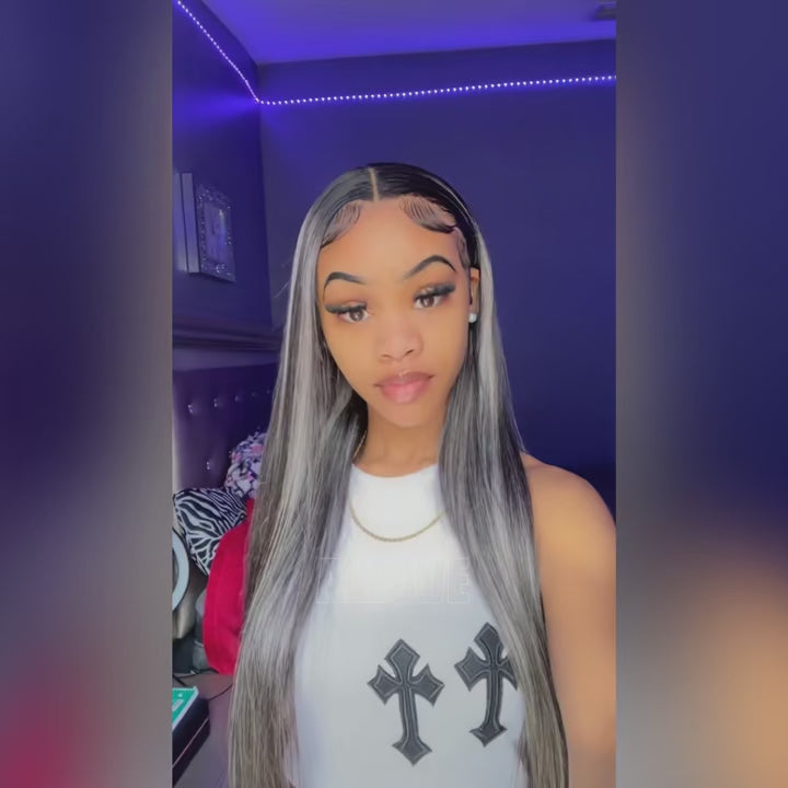 Grey Highlight Straight HD Transparent 13x4 Lace Frontal Wig For Black Women