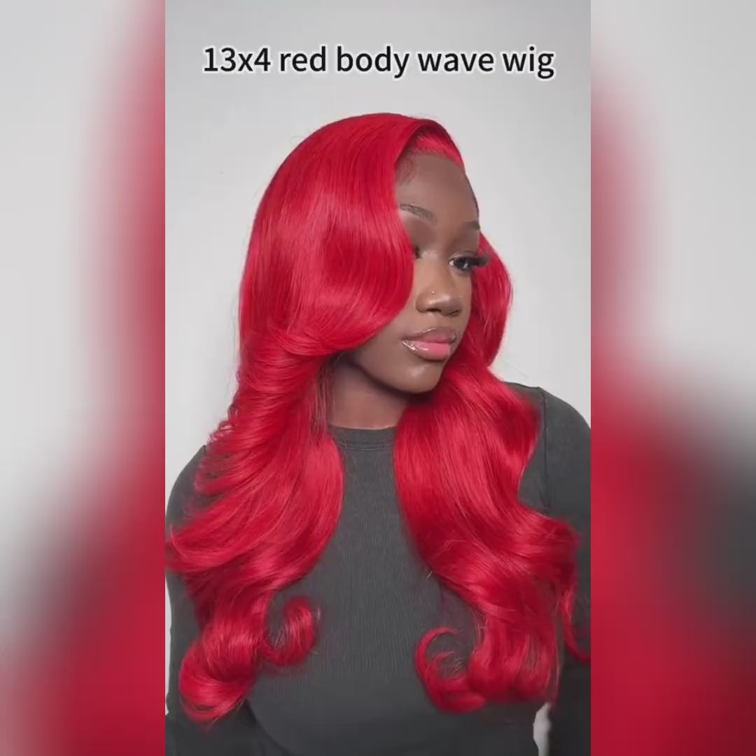 Allove Hair 32 Inch Red Color Body Wave 13x4 HD Glueless Lace Front Wig with Pre Plucked