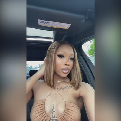 Highlight Straight Short Bob Wig Transparent 4x4 Lace Closure Human Hair Wigs Honey Blonde Ombre Highlight 13x4 Lace Front Wig