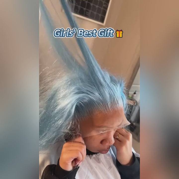 Allove Lake Brilliant Blue Color Straight Hair 13x4/13x6 Full Lace Front Human Hair Wigs 180% Density