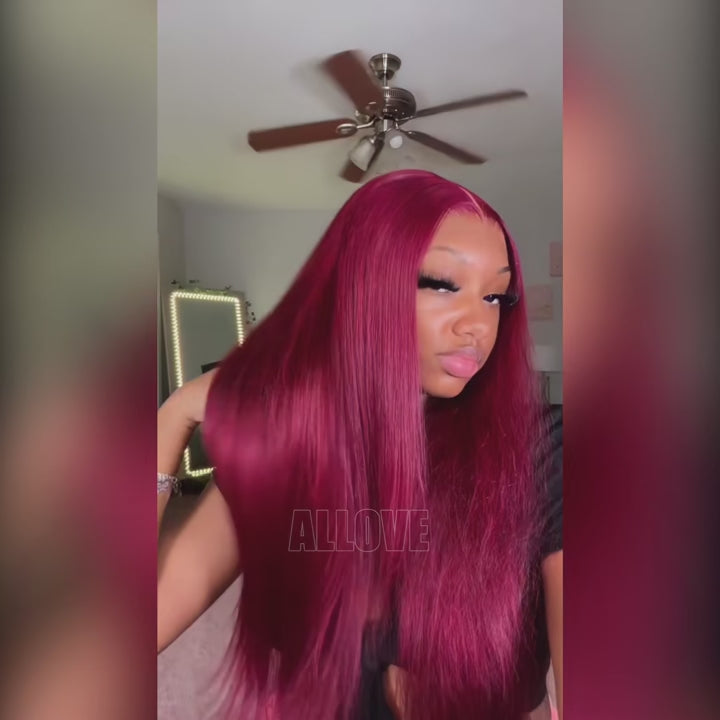Long 32 Inch 99J Burgundy Color Transparent Glueless Lace Front Wigs Human Hair Bone Straight Wig For Women