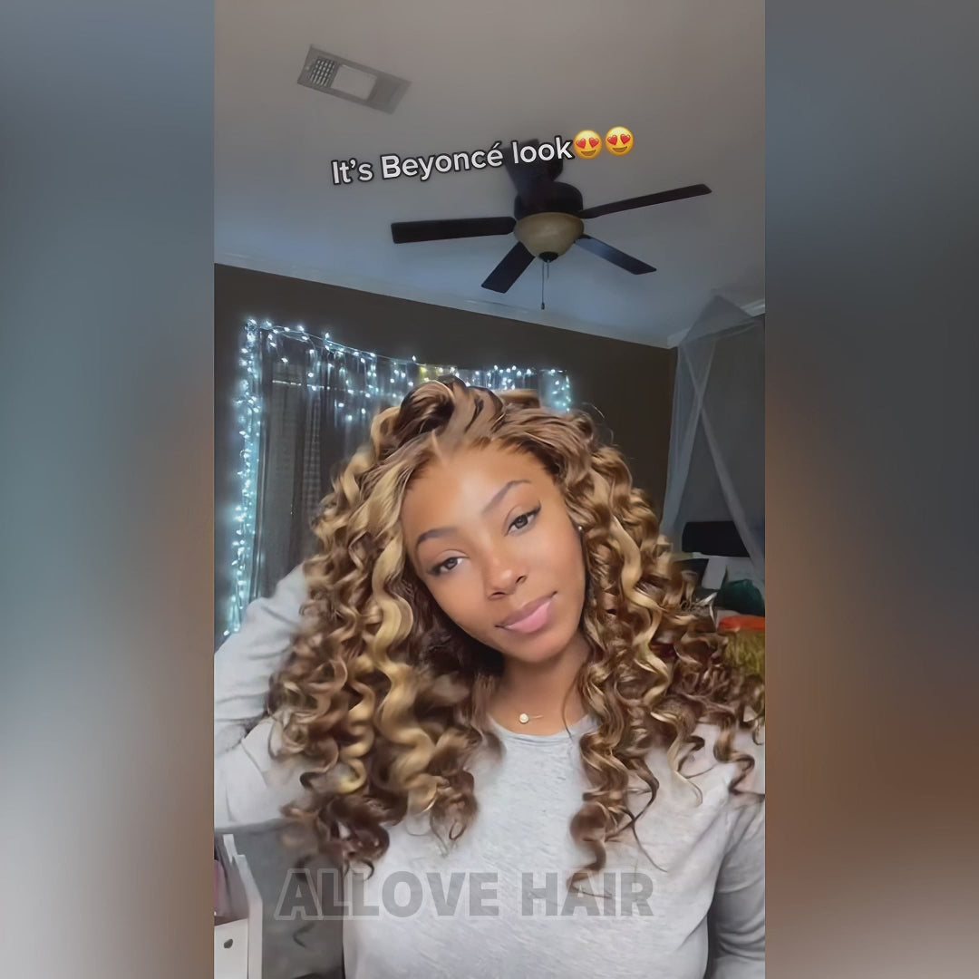 ALLOVE HAIR Wear & Go Highlight Brown Wigs Kinky Straight Pre-Plucked PPB Glueless Lace Wigs