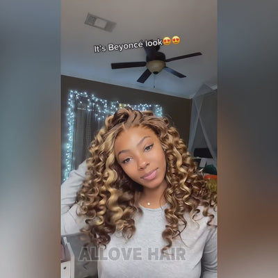 ALLOVE HAIR Wear & Go Highlight Brown Wigs Kinky Straight Pre-Plucked PPB Glueless Lace Wigs