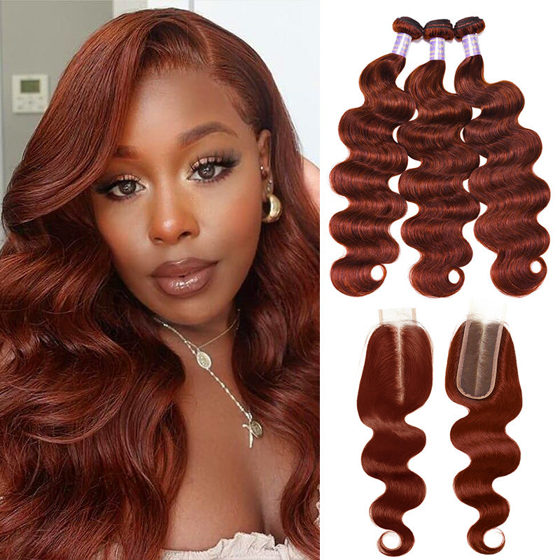 Auburn Brown Body Wave Human Hair 3 Bundles with 2x6 Lace Closure #33 Reddish Brown Bundles with Closure - AlloveHair