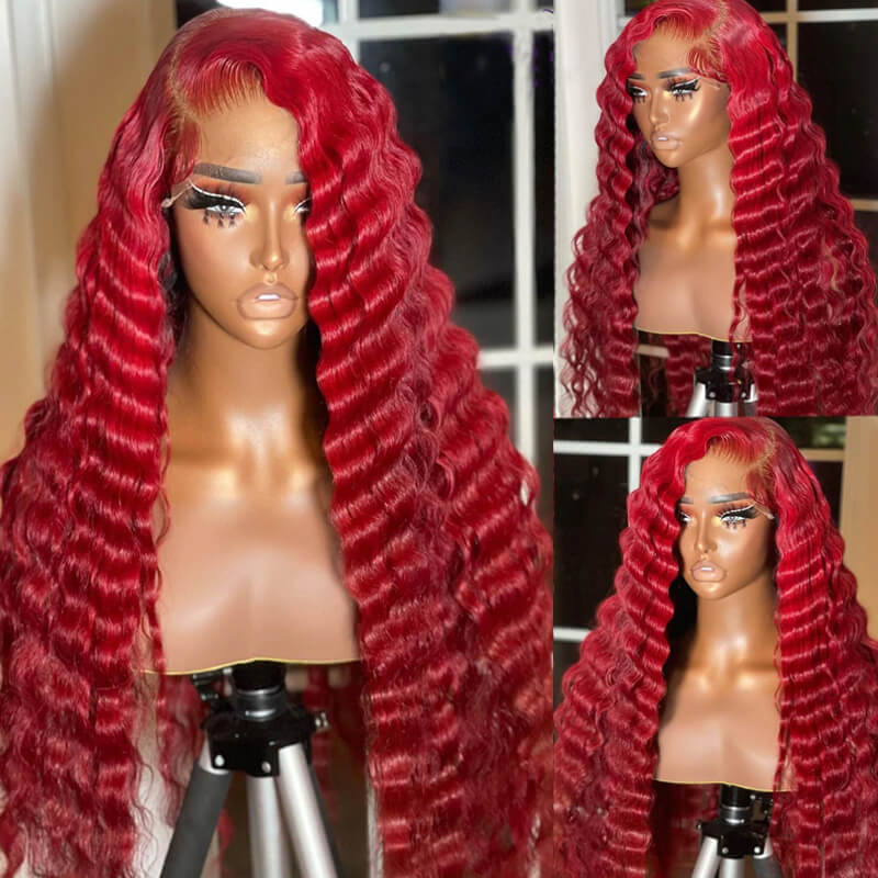 Red Color Deep Wave Hair Undetectable Invisible Transparent 13x4 Lace Front Wig with Pre Plucked