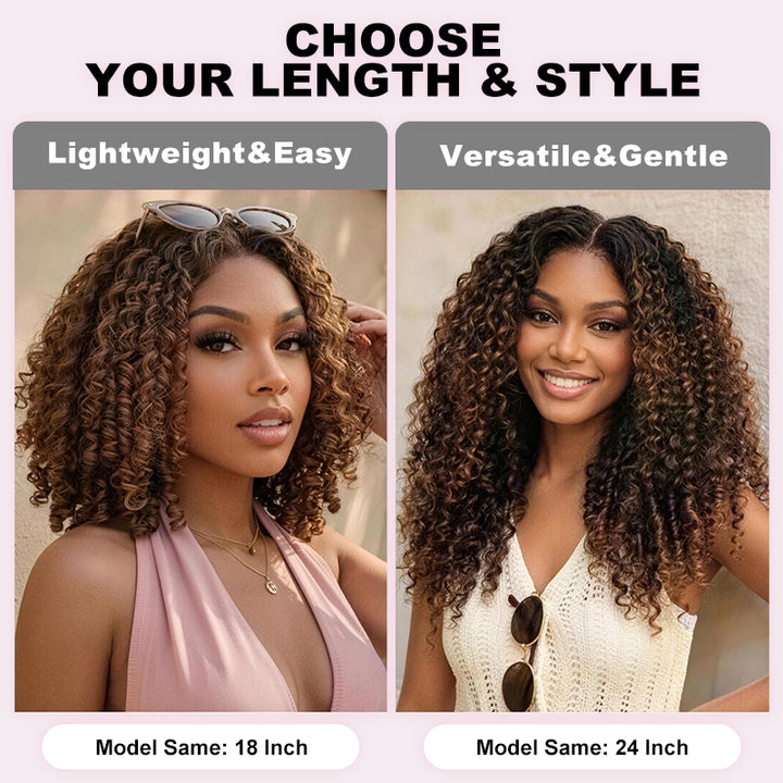 250% Density Black to Chestnut Brown Ombre Burmese Curly Glueless Wig With Finger Coil Ends All Day Comfort 100% Human Hair Wig