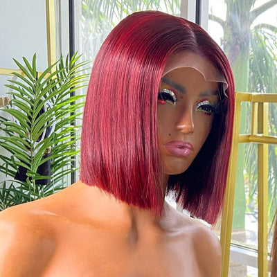 Allove Hair 99J # Color Lace Part Straight Short Bob Human Hair Wig 150% Density