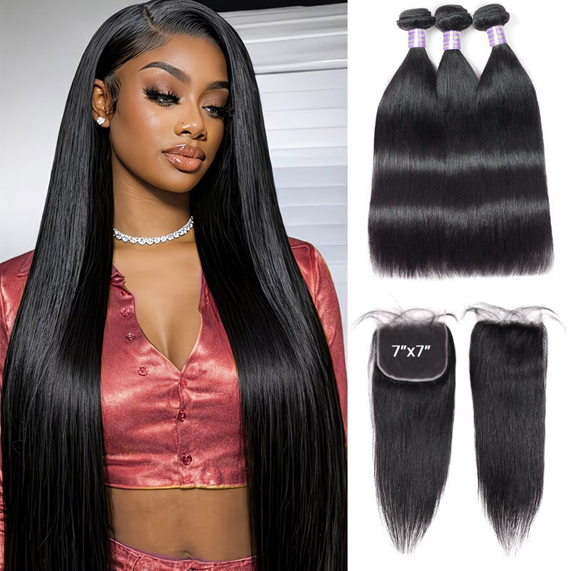Straight Human Hair Bundles with 7x7 Deep Part HD Lace Closure Virgin Remy Raw Hair Bundles with Closures - AlloveHair