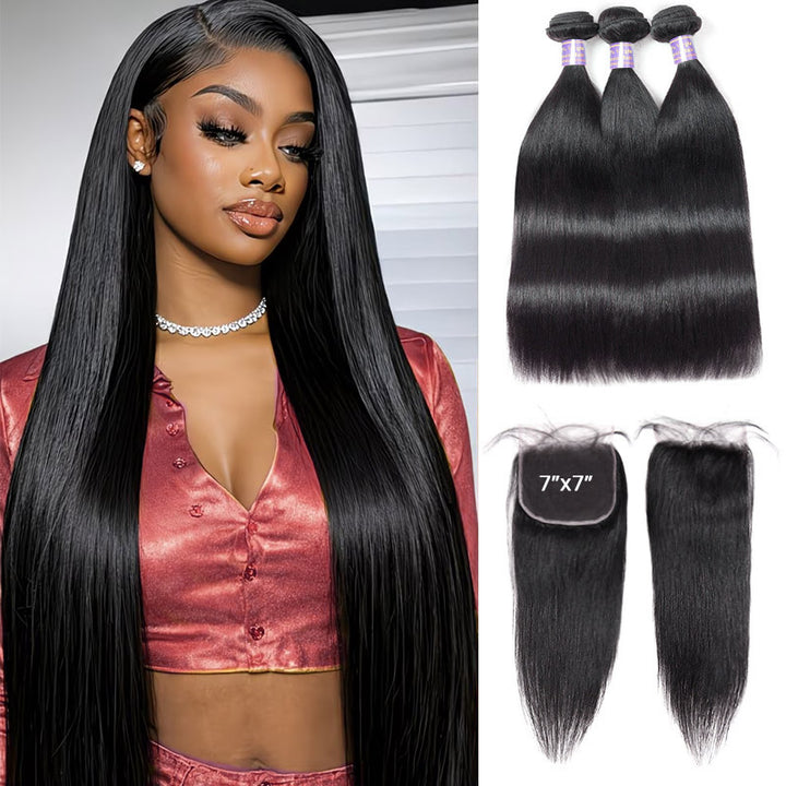 Straight Human Hair Bundles with 7x7 Deep Part HD Lace Closure Virgin Remy Raw Hair Bundles with Closures - AlloveHair