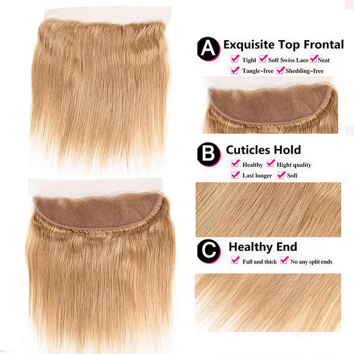 #27 Straight Hair Bundles With 13x4 13x6 Lace Frontal Honey Blonde Color 3 Bundles With Ear to Ear Lace Frontal Closure - AlloveHair