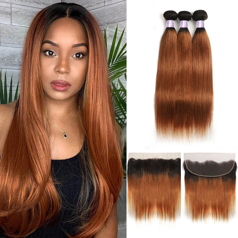 1B/30 Ombre Color Body Wave/Straight Human Hair Bundles With 13x4 13x6 Lace Frontal Closure Brazilian Hair - AlloveHair
