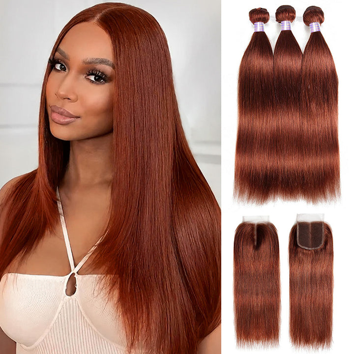 Straight Hair Bundles with Lace Closure #33 Reddish Brown Color 3 Bundles with 4x4 5x5 Lace Closure - AlloveHair