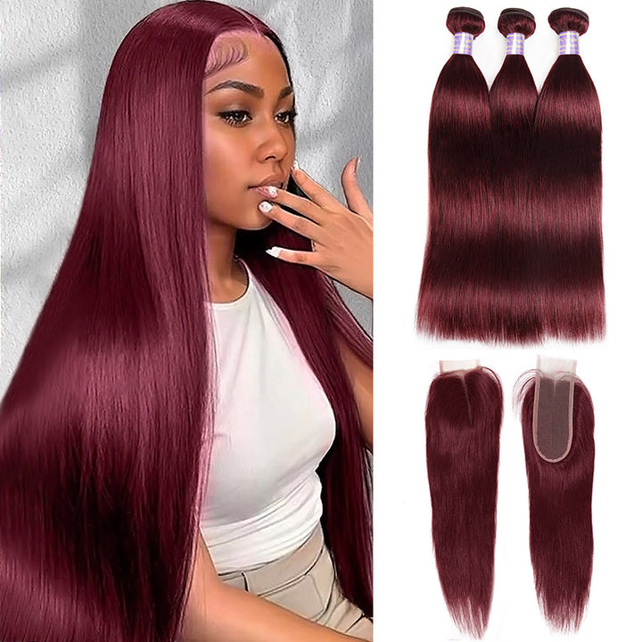 99J Straight Hair Bundles With 2x6 Lace Closure Burgundy Red Colored Human Hair Weave for Sew In