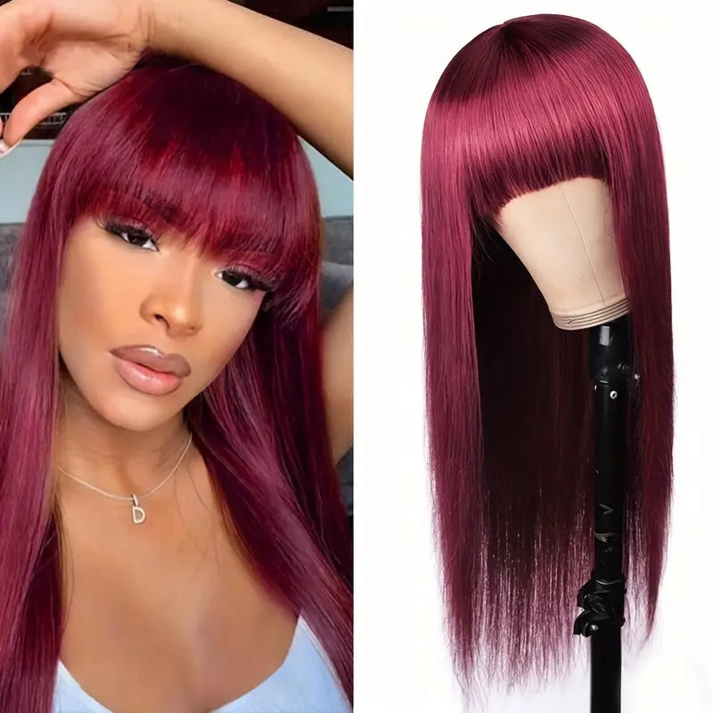 Allove 99J Burgundy Colored Straight Human Hair Wigs Machine Made Wigs With Free Part Bangs