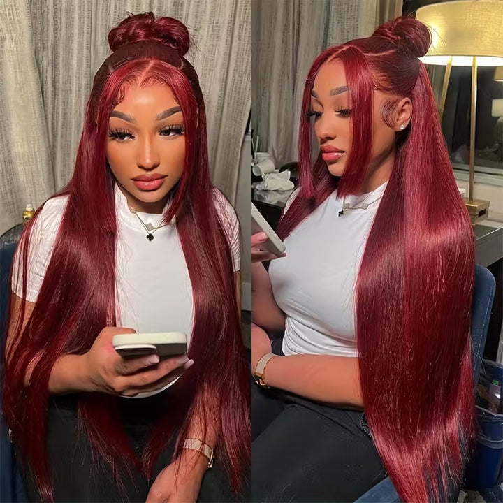 32 Inch 99J Burgundy 13x6 HD Transparent Lace Front Wig Virgin Straight Human Hair