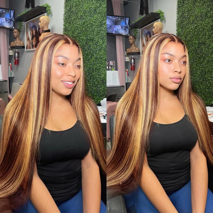 Widows-Peak-Wig| Highlight Human Hair Honey Blonde Colored Straight 13x4 Lace Frontal Wear To Go Wigs
