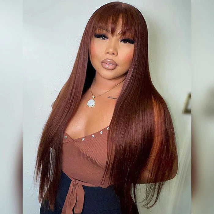 Allove Hair #33 Reddish Brown Bangs Wigs Straight Human Hair Wear To Go Wigs No Lace