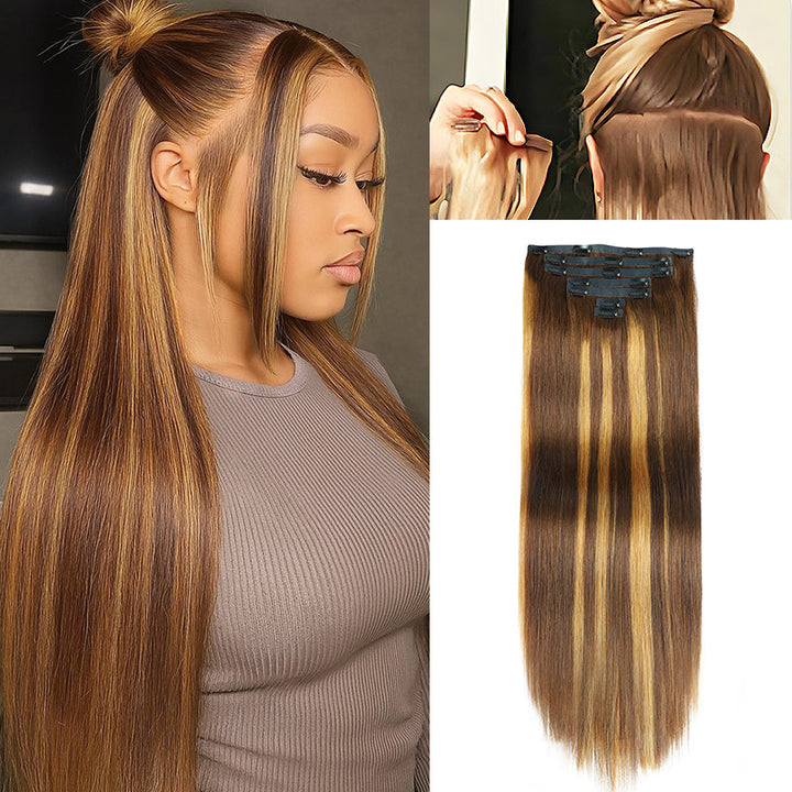 [Final Price - No Code Needed] P4/27 Highlight Brown Seamless PU Clip in Hair Extensions Silky Straight Human Hair Pieces 9Pcs / 7Pcs - AlloveHair