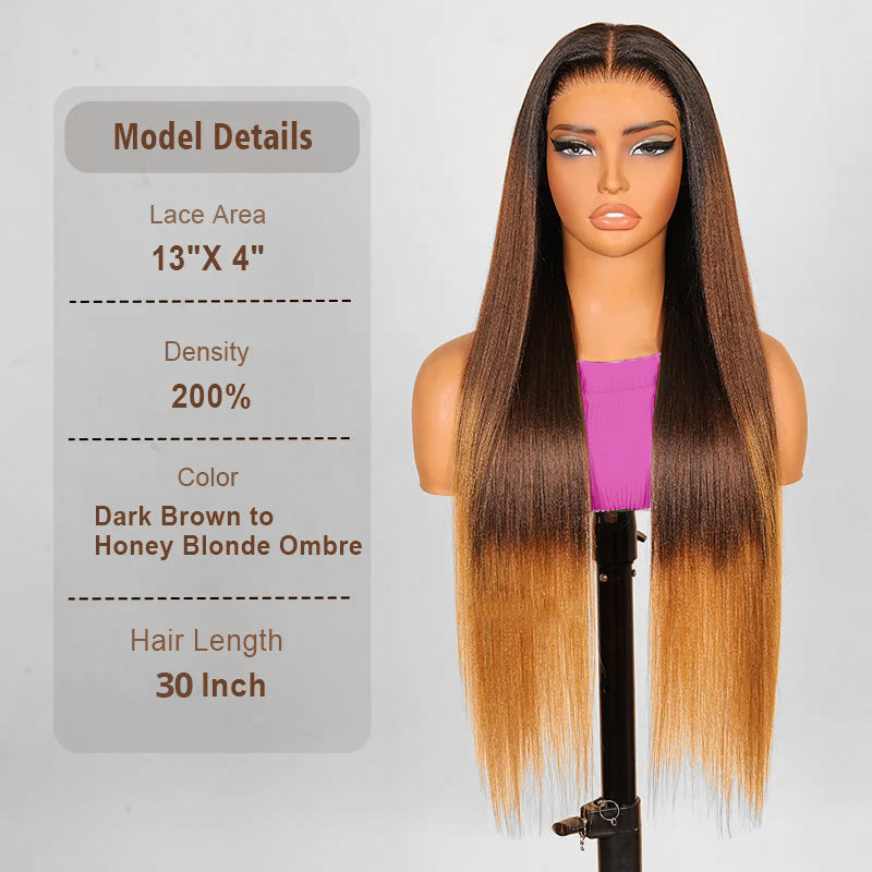 Luxury Yaki Straight 200% Density Dark Brown to Honey Blonde Ombre Color Glueless Human Hair Wig - AlloveHair