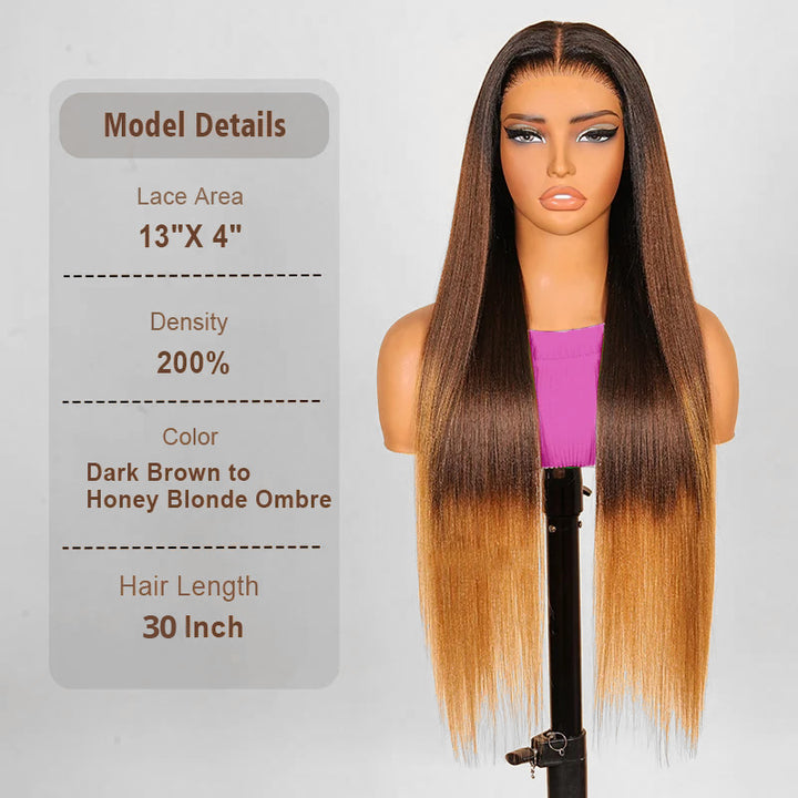 Luxury Yaki Straight 200% Density Dark Brown to Honey Blonde Ombre Color Glueless Human Hair Wig - AlloveHair