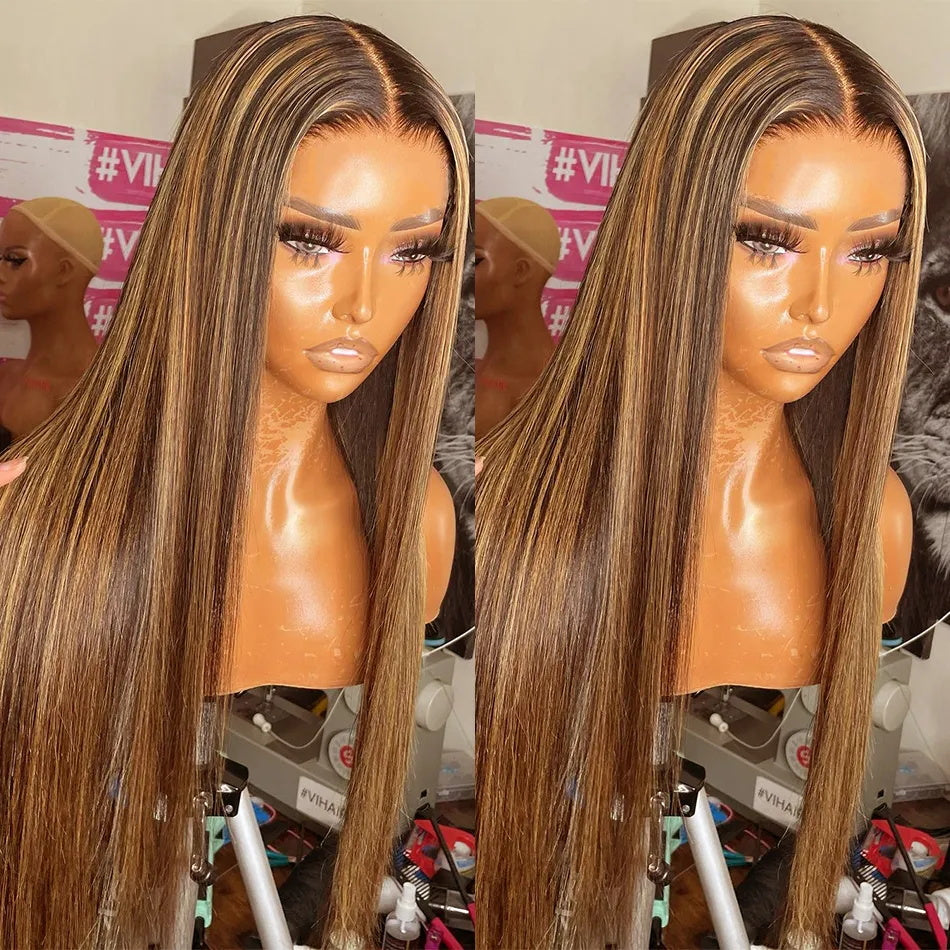 Widows-Peak-Wig| Highlight Human Hair Honey Blonde Colored Straight 13x4 Lace Frontal Wear To Go Wigs