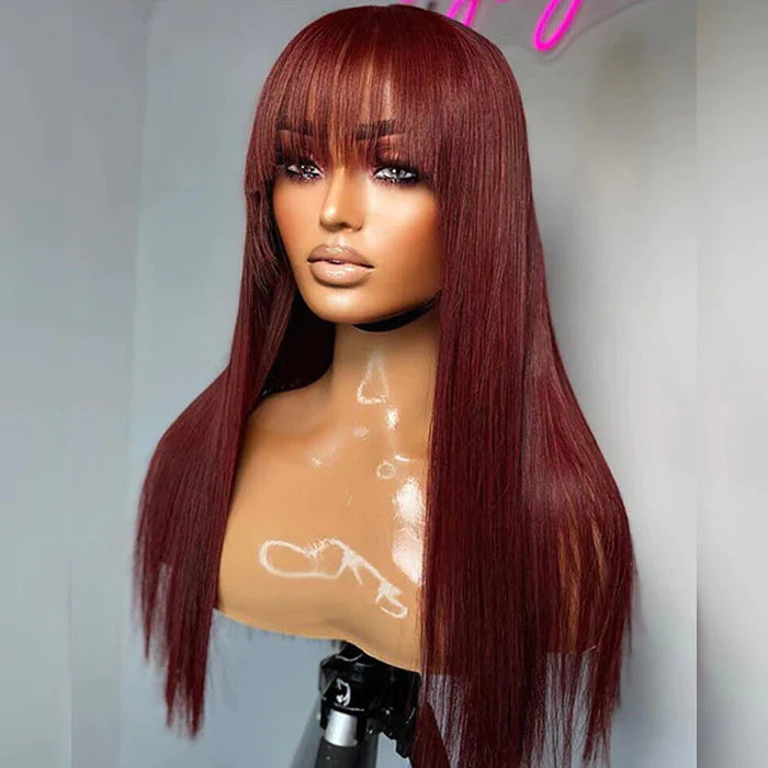 Allove Hair #33 Reddish Brown Bangs Wigs Straight Human Hair Wear To Go Wigs No Lace