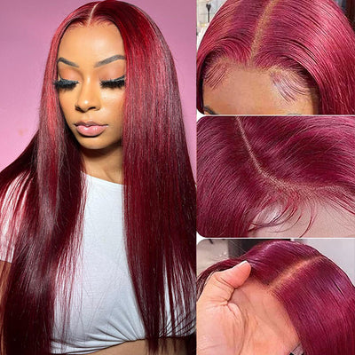 Long 32 Inch 99J Burgundy Color Transparent Glueless Lace Front Wigs Human Hair Bone Straight Wig For Women