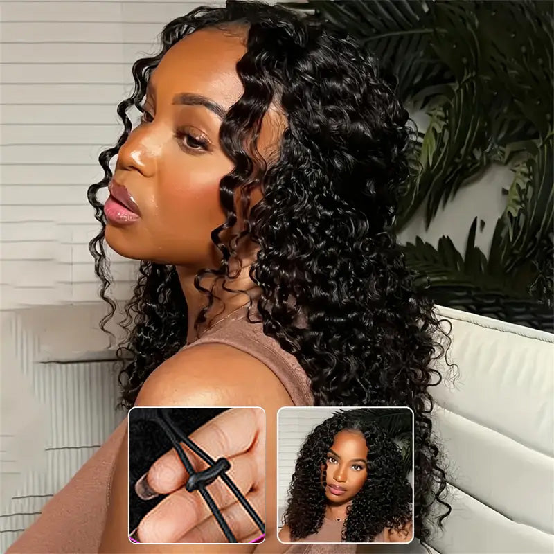 Undetectable Natural Scalp V Part Wig with Elastic Drawstring Glueless Deep Wave Wigs - AlloveHair