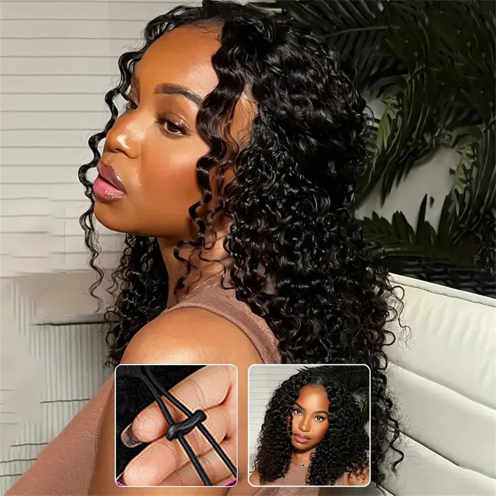 Undetectable Natural Scalp V Part Wig with Elastic Drawstring Glueless Deep Wave Wigs - AlloveHair