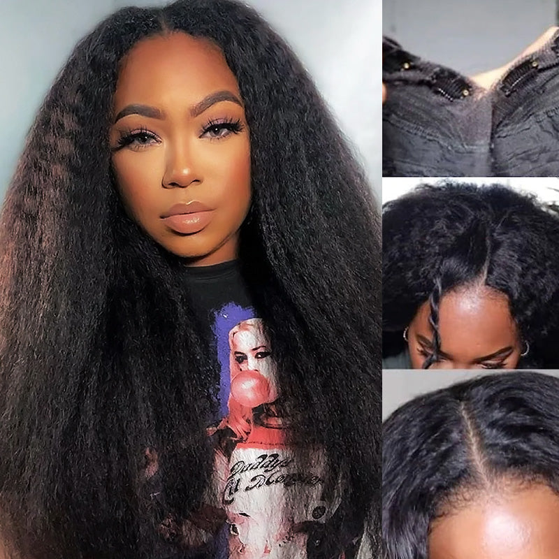 Invisible V Part No Leave Out Kinky Straight Human Hair Wig with Pre-Plucked Hairline - AlloveHair