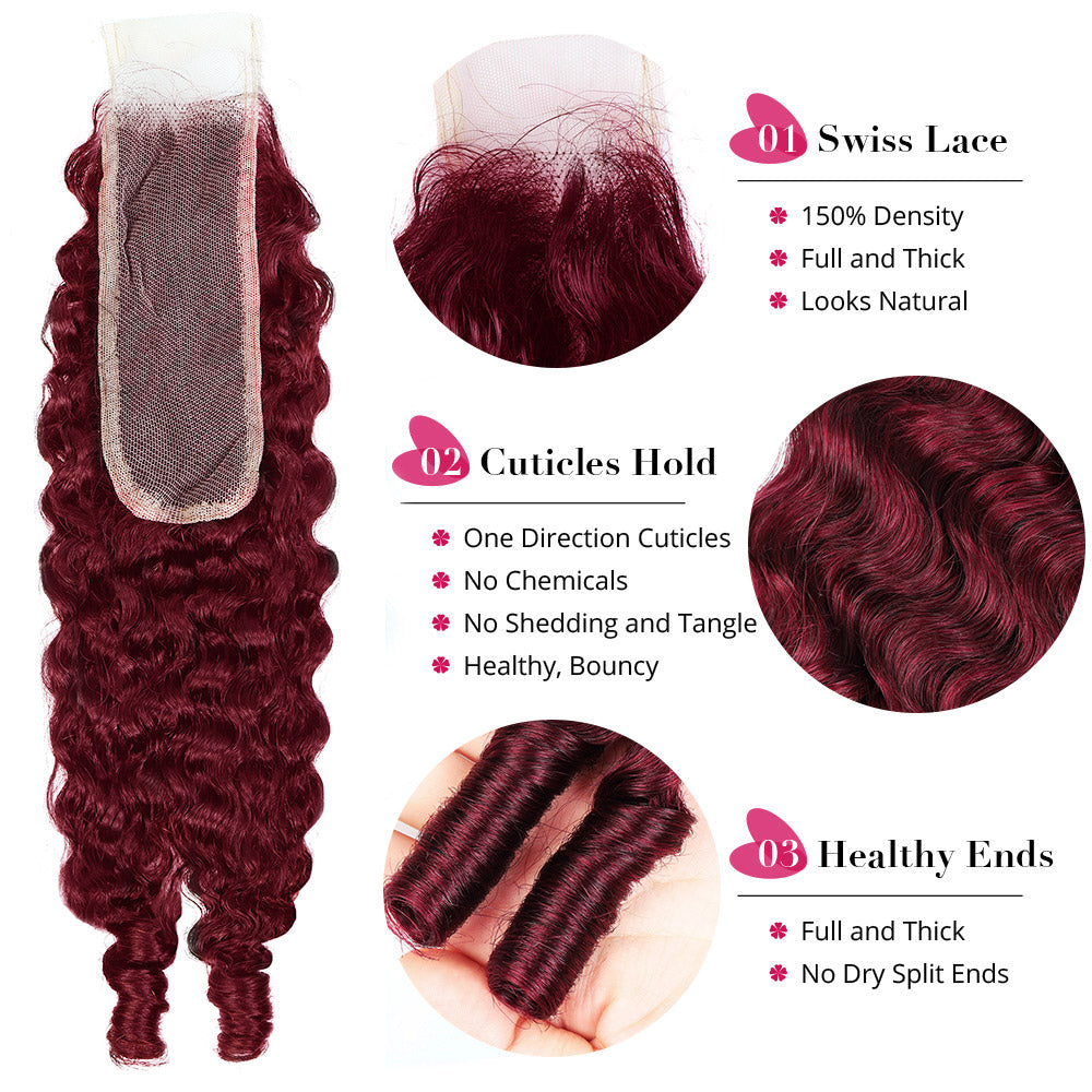 99J Burgundy Burmese Curly Human Hair Bundles with 2x6 Deep Part Lace Closure Virgin Hair Quick Weave