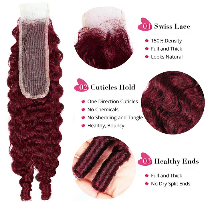 99J Burgundy Burmese Curly Human Hair Bundles with 2x6 Deep Part Lace Closure Virgin Hair Quick Weave