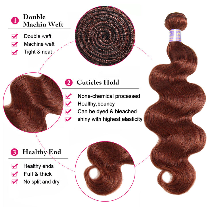 #33 Reddish Brown Body Wave 3 Bundles with 4x4 Lace Closure 100% Real Human Hair - AlloveHair