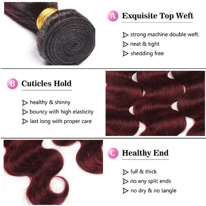 1B Dark Burgundy Body Wave 3 Bundles With 13x4 13x6 Lace Frontal 30 Inch Brazilian Human Hair - AlloveHair