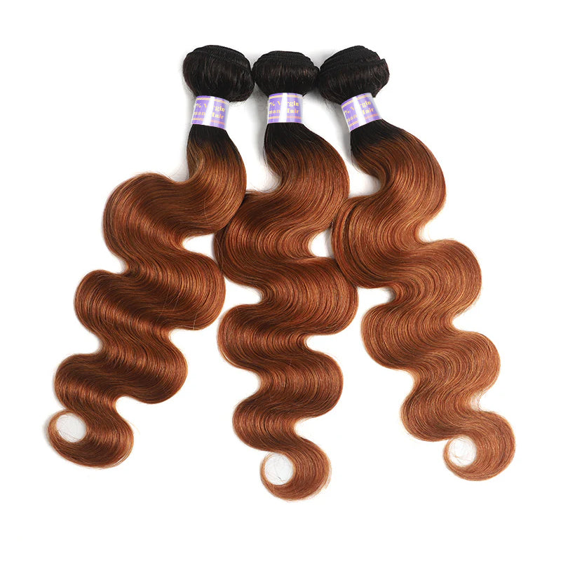 3 Bundles with Closure T1B/30 Color Body Wave Human Hair Bundles with 4x4 Lace Closure - AlloveHair