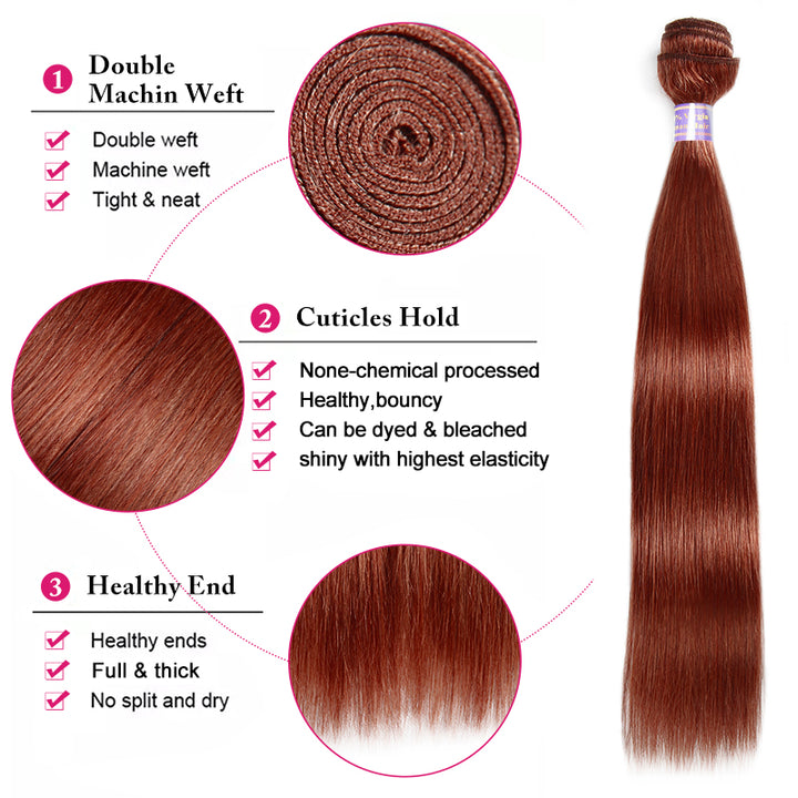 Straight Hair Bundles with Lace Closure #33 Reddish Brown Color 3 Bundles with 4x4 5x5 Lace Closure - AlloveHair