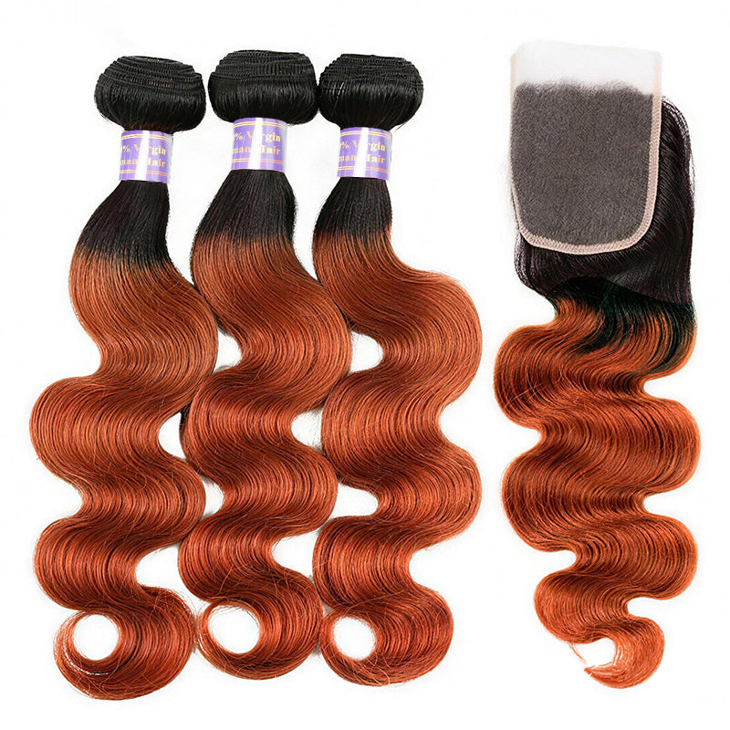 1B/350 Ombre Human Hair Body Wave 3 Bundles with 4x4 Closure 2 Tone Ginger Orange Hair Weave - AlloveHair