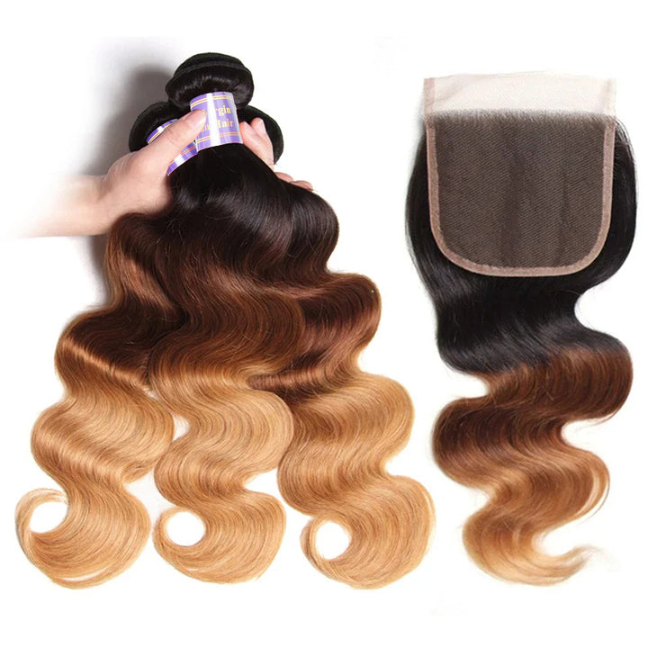 Ombre 1B/4/27 Body Wave Virgin Human Hair 3 Bundles with 4x4 5x5 HD Lace Closure - AlloveHair