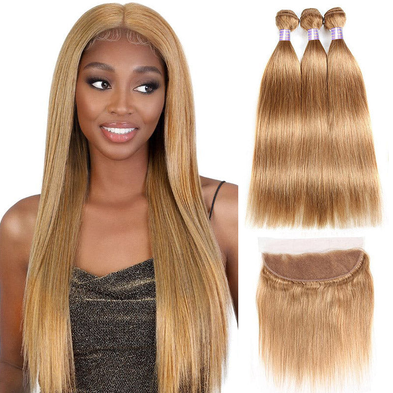 #27 Straight Hair Bundles With 13x4 13x6 Lace Frontal Honey Blonde Color 3 Bundles With Ear to Ear Lace Frontal Closure - AlloveHair