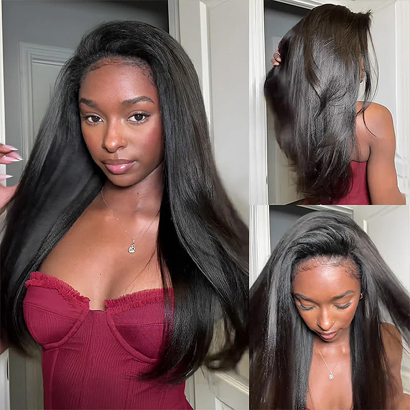200% Density Yaki Straight Glueless Wig 13x4/13x6 Full Lace Front Wigs with Bleached Knots Put On and Go - AlloveHair