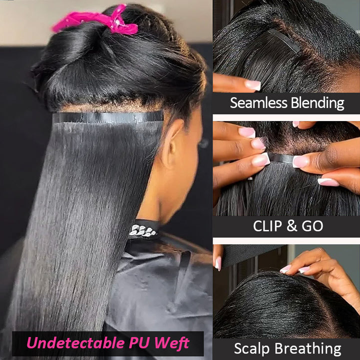 [Final Price - No Code Needed] Seamless PU Clip in Hair Extensions Silky Straight Real Human Hair Pieces For Black Women