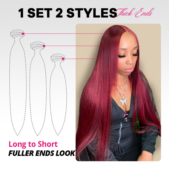 99J Straight Hair Bundles With 2x6 Lace Closure Burgundy Red Colored Human Hair Weave for Sew In