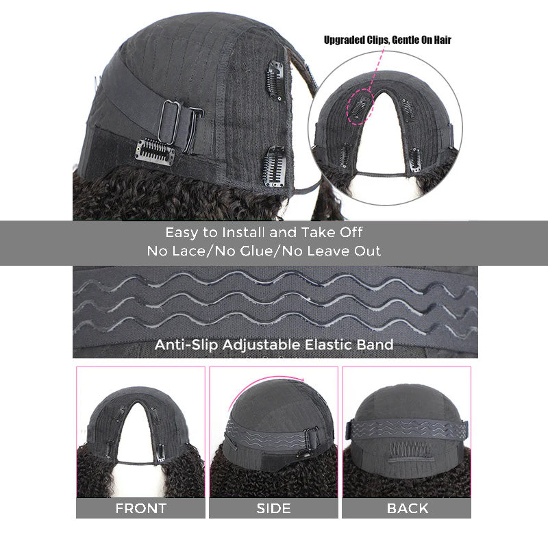 Invisible V Part No Leave Out Kinky Straight Human Hair Wig with Pre-Plucked Hairline - AlloveHair